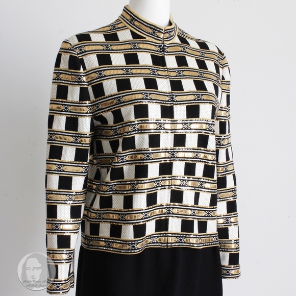 St John Evening Jacket Embellished Knit Gold Black White Zip Front Vintage Sz 10 - Picture 4 of 11